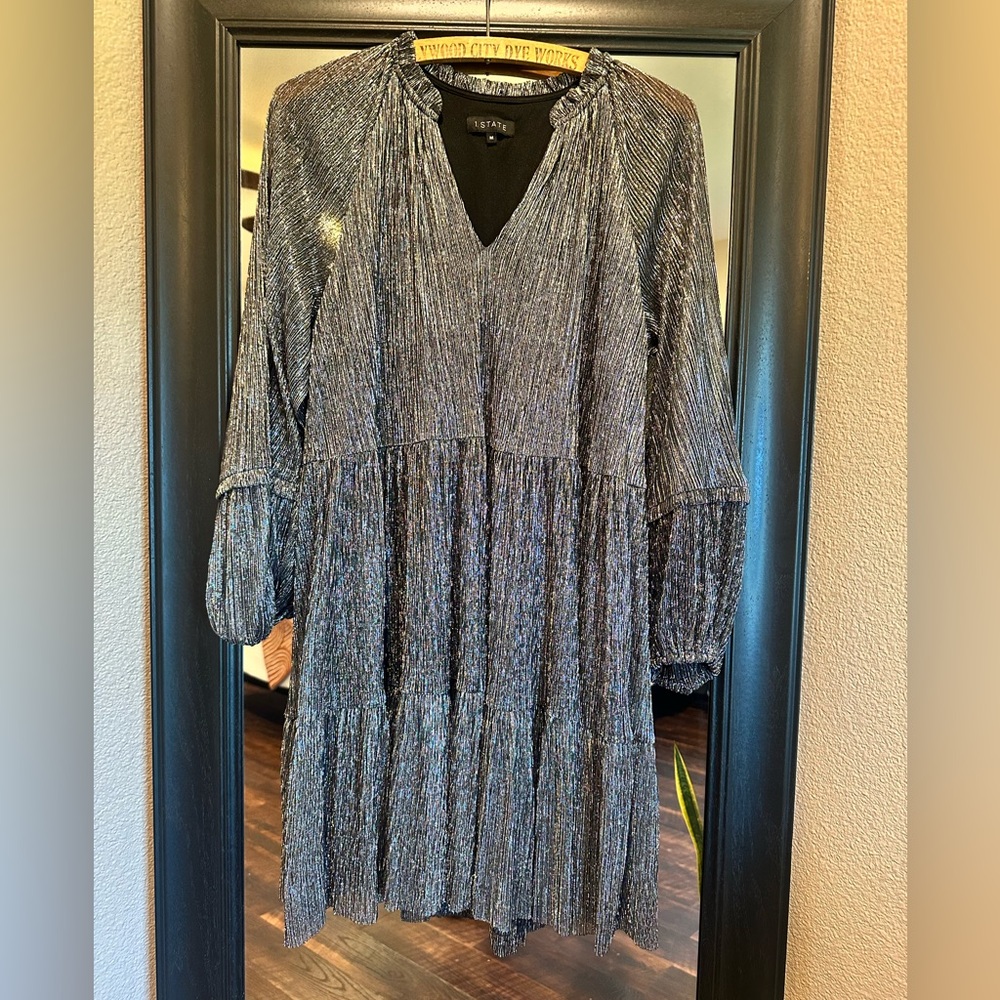 1. State Silver and Black Metallic Long Sleeve V-Neck Dress